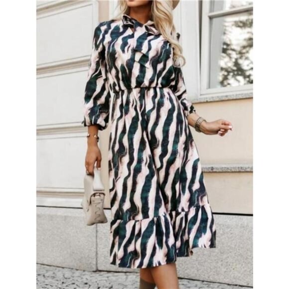 Ruffled Hem Striped Long Sleeve Dress - Picture 3 of 10